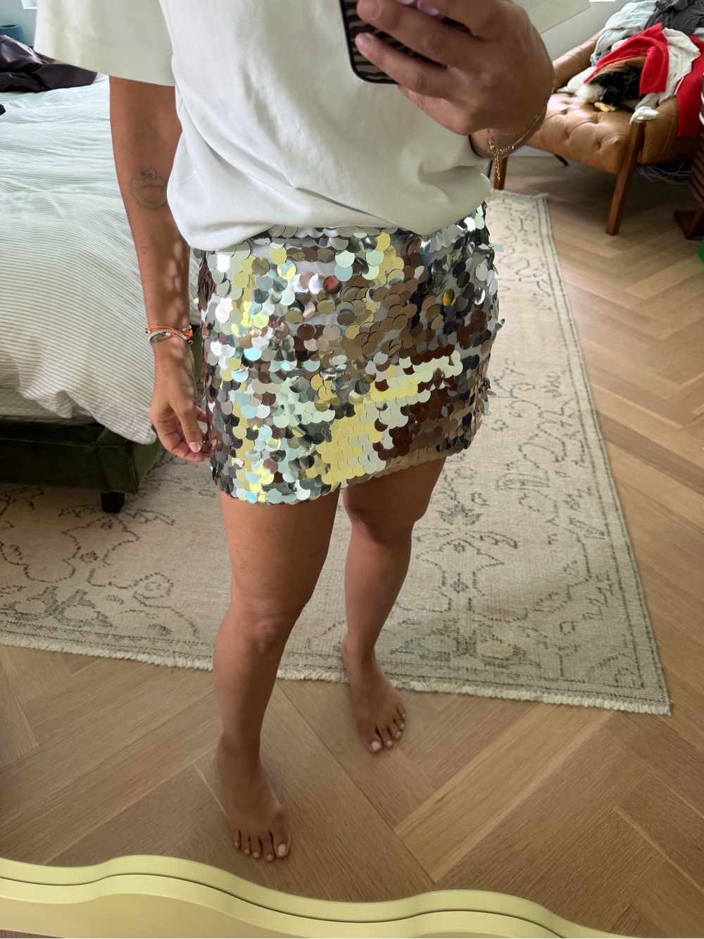 Reformation Silver Sequin Mini Skirt